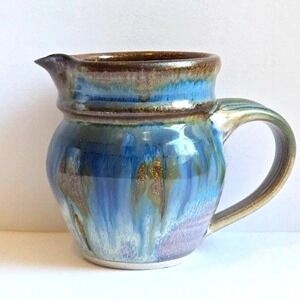 Vintage Clarksville Pottery Blue Brown Cream Pitcher Drip Glazed Stoneware 4"